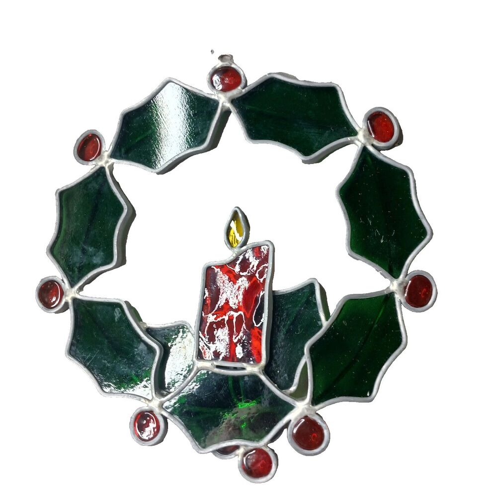 Holly Berries Candle Wreath Suncather Stained Glass Ornament 7 1/2"